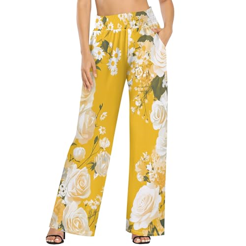 Wide Leg Palazzo Lounge Pants for Women 2025 Summer Boho Flower Flowy Palazzo Pants Beach Pants with Pockets