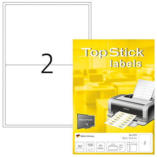 TopStick 8774 - Etiquetas autoadhesivas de envío A4 (199,6 x 143,5 mm, papel) 100 hojas, 2 etiquetas por hoja, 200 etiquetas, para impresoras inkjet y láser