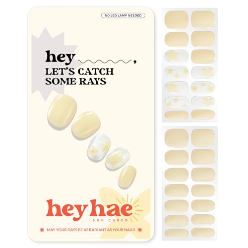 Heyhae Semi Cured Gel Nail Strips | No LED Lamp Needed | Solid, Yellow, Spring |Easy Apply & Remove, Salon Quality|Includes 28 Strips, 1 Prep Pads, Nail File & Wooden stick- Hey, Let's Catch Some Rays
