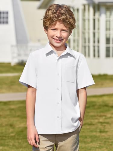 Haloumoning Boys Short Sleeve Button Down Shirt Kids Dress Shirts Formal Uniform Shirt with Pocket 5-14 Years2
