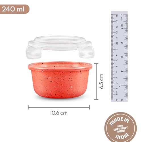 Image of Borosil 240 ml Kube Pink Food Storage Container with Air Tight Lid | Round Shape Borosilicate Glass Organiser | Microwave & Dishwasher Safe | For Fridge, Kitchen Storage