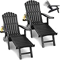 ZHUSI Folding Adirondack Chairs Set of 2 with Retractable Ottoman, Adjustable Adirondack Chair with 2 Cup Holders, Outdoor Chairs for Porch Patio Lawn Balcony Weather Resistant, Black