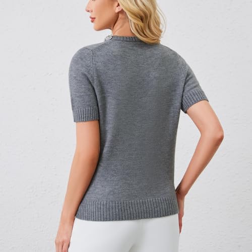Aperlamiri Women's Knitted Short Sleeve Classic Fit Dressy Spring Outfit Crytals Round Neck Sweater Top3