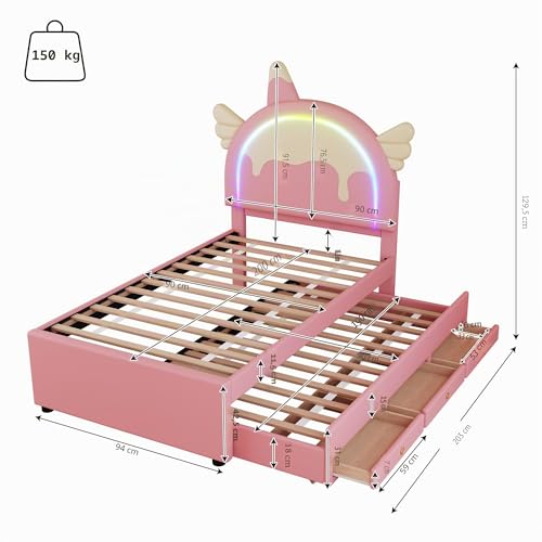 Miniatura 3 de Azkoeesy Cama Infantil Tapizada Con Cama Nido Y 3 Cajones, Iluminación Led, Cabecero En Forma De Unicornio, Para Niño Y Niña, Pu, Rosa