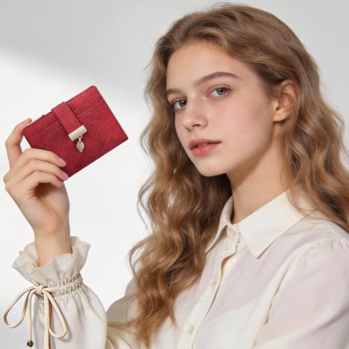 Image of Pomelo Best Wallet Women Bifold Leather Wallets for Women Credit Card Holder with ID Window Zipper Coin Pocket Suede Red