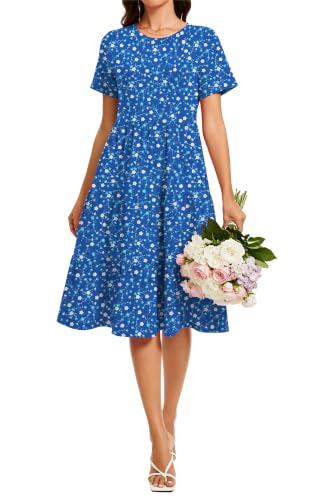 Image of Womens Summer Short Sleeve Crew Neck Midi Dress 2026 Casual Fit Flowy Tiered Beach Vacation Sundress with Pockets