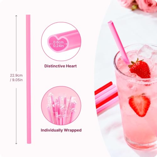Image of 200pcs Pink Heart Straws Bulk - Individually Wrapped