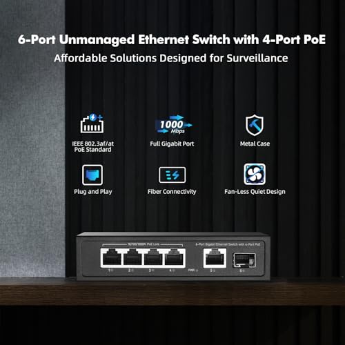 Image of 6 Port Mini Gigabit PoE Switch with 4 PoE+ Port, 1 Gigaibt RJ45 Uplink, 1 Gigabit SFP, IEEE802.3af /at, Max 65W, YuLinca Metal Fanless Plug & Play Ethernet Switch