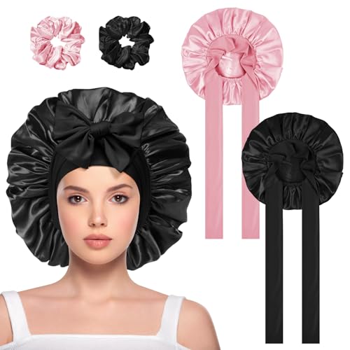 ACWOO Gorros De Satén para Dormir, 2 Piezas Gorro de Seda Ajustable, Gorro para Dormir Suave de Satén, Gorros de Dormir De Seda Con Banda Ancha para Mujeres y Niñas (Negro, Rosa)