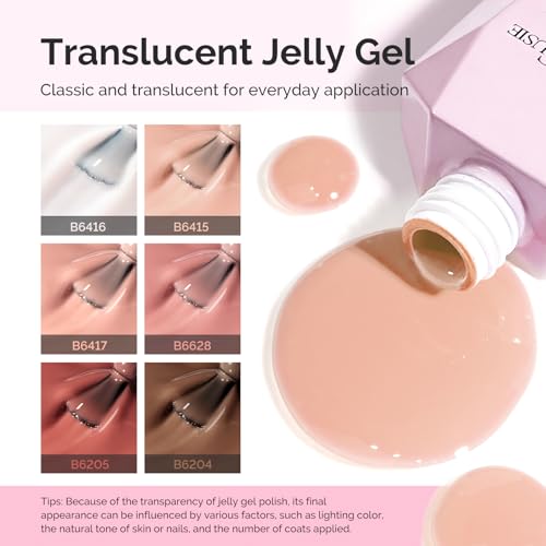 Image of MelodySusie Jelly Gel Nail Polish Set,6PCS Milky or Jelly Texture,Sheer Earth Tones Colors Soak Off UV LED Light Cure or Salon Manicure and Nail Art DIY at Home 15ML
