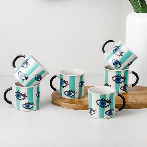 Image of The Earth Store Evil Eye Tea Cup Set of 6, 150 ML Each, Microwave and Dishwasher Safe Coffee Cups | Cup Set for Tea | Tea /chai Cups for Gifting, Home & Office Use, Every Occasion
