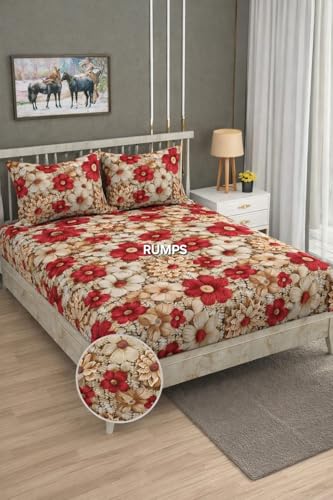 Image of RUMPS 380 TC Premium Heavy Cotton 7D Print Fast Colour Feel Elastic Fitted Floral Bedsheet King Size with 2 Pillow Covers || (red Coffer, Fitted - 72 inchx78 inch King)