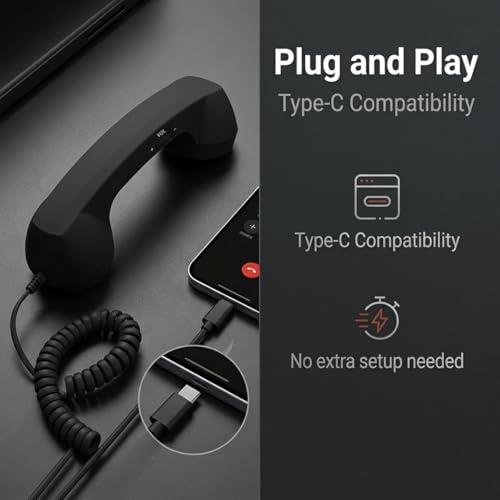 Image of ZORBES Retro Mobile Phone Handset for Type-C Smartphones, Plug and Play Wired Telephone Receiver Coiled Cord Retro Landline Call Handset with Volume Control, Hands-Free Vintage Phone Accessory