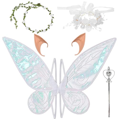 Fairy Wings Costume Butterfly Fairy Wings Angel Wings with Fairy Wings Wand Ears Garland Bracelet for Halloween Cosplay White