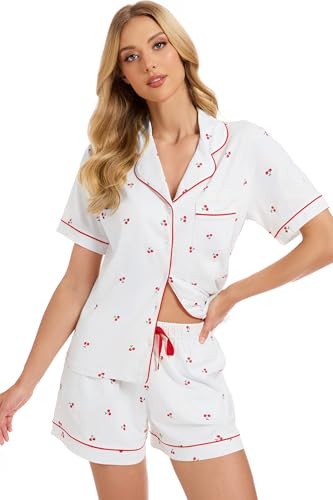 Image of LUBOT 100% Cotton Pajamas for Women 2 Piece PJ Set Button-Down Soft Knit Short Sleeve Summer Sleepwear Loungewear XS-XXL