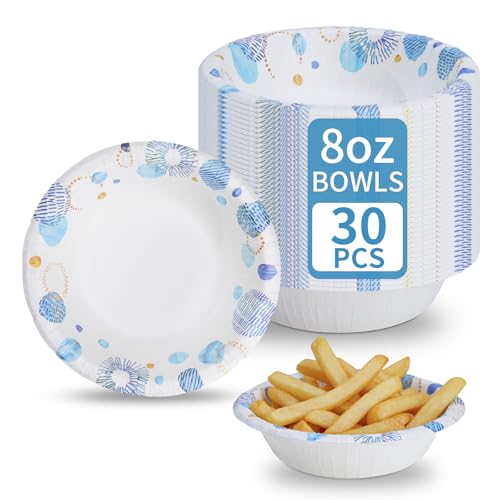 VIVAVENTURE 30 Count 8oz Paper Bowls Disposable Bowls Microwaveable Soak Proof and Cut Proof Small Paper Bowls Printed for Snacks Dessert Picnic Barbecue or Boy Baby Shower