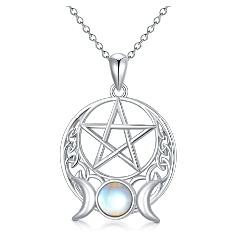 Triple Moon Goddess Moonstone Necklace 925 Sterling Silver Celtic Moon Pentagram Pendant Necklace Pagan Wiccan Pentacle Jewellery Gifts for Women Cover