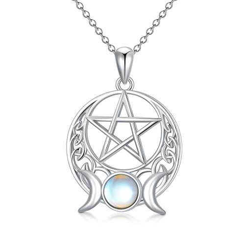 enjoylifecreative Triple Moon Göttin Halskette Sterling Silber Mondstein Pentagramm Anhänger Halskette Keltischer Mond Kette Pagan Wiccan Amulett Schmuck Geschenke für Damen Mädchen Cover