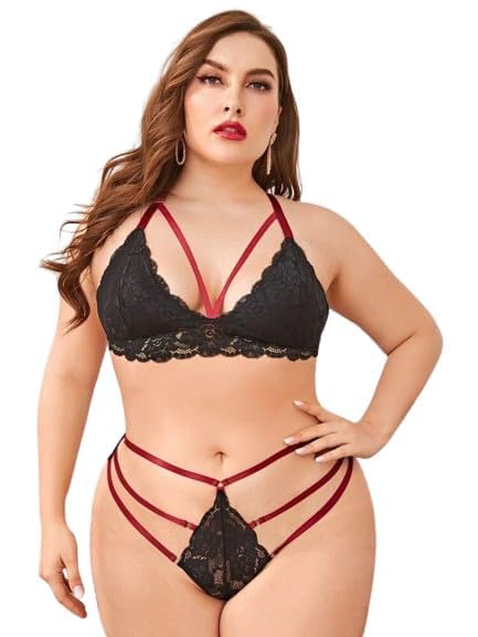 lillycreation Plus Size Lace Lingerie Set, Black with Red Strappy Detail, Bralette and Thong (Black, 3XL)-picture-44