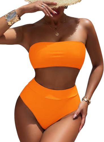 Pink Queen Women's 2 Piece Brazilian Bikini Set Swimsuit High Waisted High Cut Tummy Control Bathing Suit Orange XL