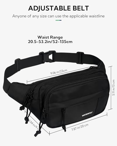 WATERFLY Adjustable Fanny Pack: Large Hip Bag for Travel and Outdoor Activities with 7 Zipper Pockets - Black