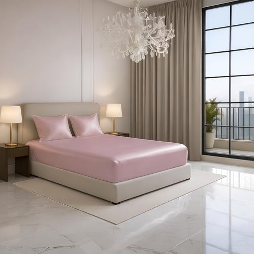 Image of Luxe Ere Elastic Fitted Satin Bedsheet Queen Size (78x60) with 2 Pillow Covers, Ultra-Smooth 300TC Silky Fabric, Perfect for Home Decor, Gifting & Romantic Escapes-Champagne Rose