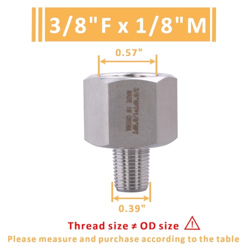 Image of Forged Reducer Adapter Fitting - Stainless Steel 304 Reducing Pipe Connector, 3 /8 inch NPT Female x 1 /8 inch NPT Male (pack of 2)
