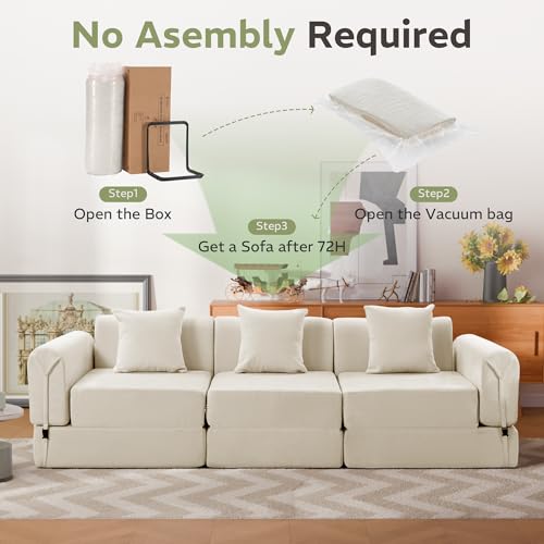 Image of 100 inch Convertible Sofa Bed, 5-in-1 Modular Sectional Cloud Couch with Fixed-Shape Frame & Storage Pocket, No Assembly Required Boneless Sleeper Sofa for Living Room, Chenille Beige