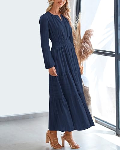 BTFBM Fall Dresses for Women 2025 Casual Long Sleeve V Neck Elastic Waist Lightweight Maxi Wedding Guest Dress Pockets