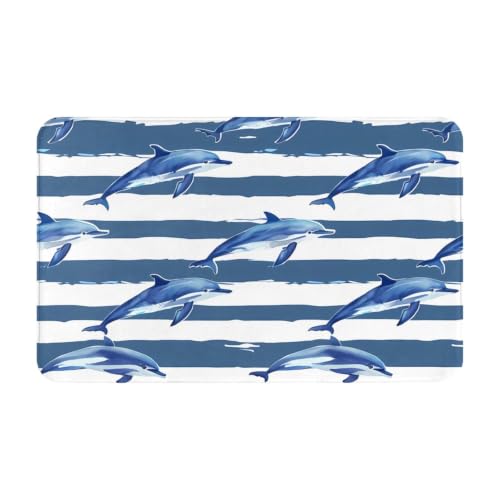 Dusviba Felpudo de interior con diseño de delfín a rayas azules y blancas, 80 x 49 cm