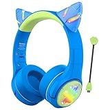 Riwbox CF9 Kids Bluetooth Headphones Cat Ear with LED Light Up,Safe 85dB Volume Limit,Built-in Mic&Boom Mic for Calls,Kids Wireless&Wired Headphones for Tablet/Airplane/School/Online Learning