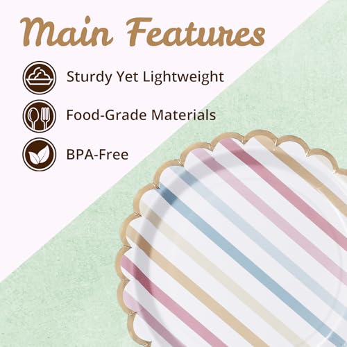 Image of Party Paper Plates, 50-Pack 9-Inch Bulk Disposable Decorative Paper Plates with Gold Scalloped Trim, Pastel Colors for Tea Party, Easter, Garden Party, and Bridal Showers, Gilded Candy Stripes