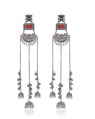 Image of Kashmiri Earrings for Women |Square Stone Fan Chain Earring | Ethnic Oxidised Silver Long Chain for Girls Bridal Festive |Gift for Girls Women