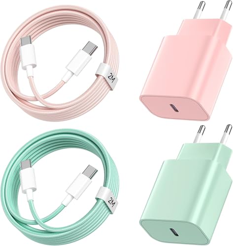 Cargador Carga Rapida para iPhone 16/16 Pro/16 Pro Max/16 Plus/15/15 Pro/15 Pro Max/15 Plus, 20W 2Pack PD3.0 Cargador USB C Enchufe con 2Pack 2M Cable Tipo C para iPhone - Rosa+Verde