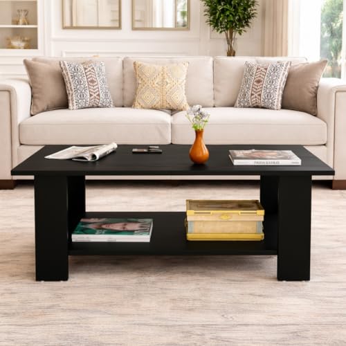 Image of Spyder Craft Modern Coffee Table with Open Storage Shelf - Minimalist Rectangular Center Table for Living Room, Office, and Lounge - Durable Engineered Wood, Easy Assembly (Black) (Assembly -DIY)