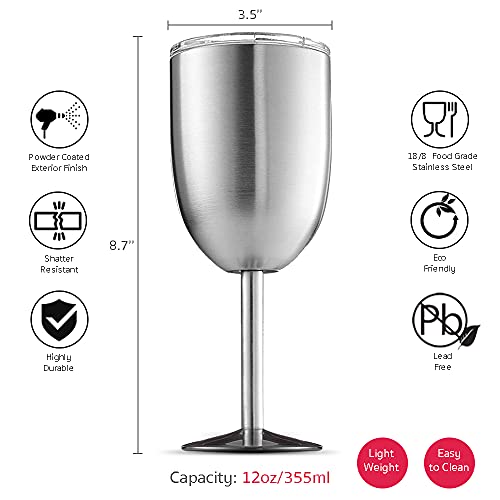 Emesly Stainless Steel Wine Glasses Double-Walled Insulated (Set Of 2) Unbreakable Goblets; Metal Stemmed Wine Tumblers With Leak Resistant Lids For Red & White Wine, 12 Oz. #TOP3