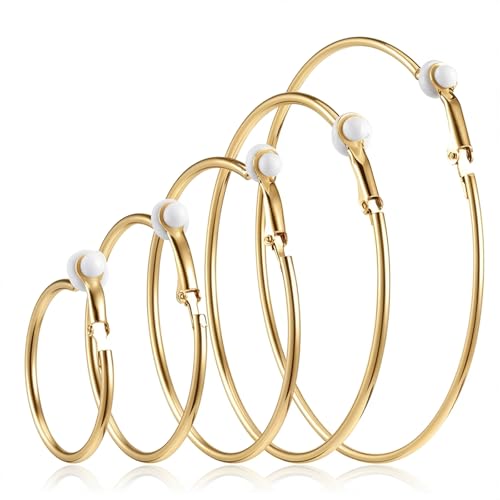 5 Pairs Stainless Steel Clip on Earrings Hoop Stylish Simple Hoop Earrings 30/40/50/60/70mm for Women Thin Lightweight Dangle Set (Gold)