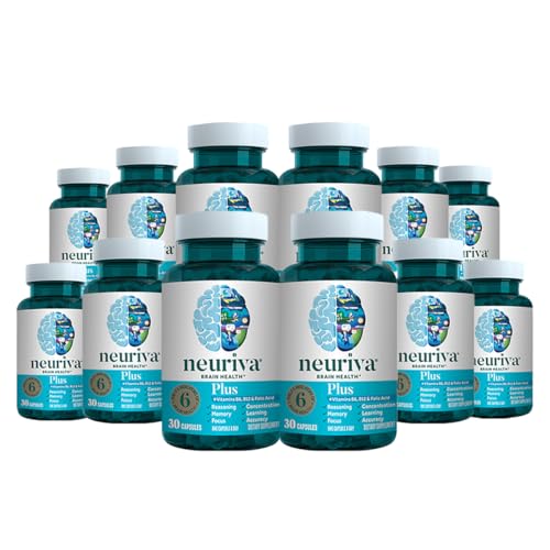 NEURIVA Plus Brain Supplement for Memory, Focus & Concentration + Cognitive Function with Clinically Tested Nootropics Phosphatidylserine and Neurofactor, VIT B6 & B12, 30 Count Capsules (12 Pack) -  Pharmapacks, 1671345