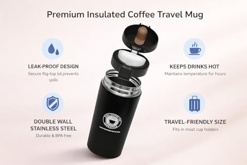 Image of Zentro Travel Coffee Mug Leak Proof -380 ML One Click Lid Stainless Steel Coffee Cup for Car, Office & Daily Commute with Secure Lock & Easy Clean Design (Black)