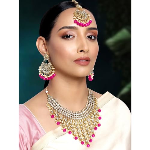 Image of Peora Kundan & Beads Studded Necklace Earrings & Maangtikka Set Ethnic Jewellery for Women & Girls