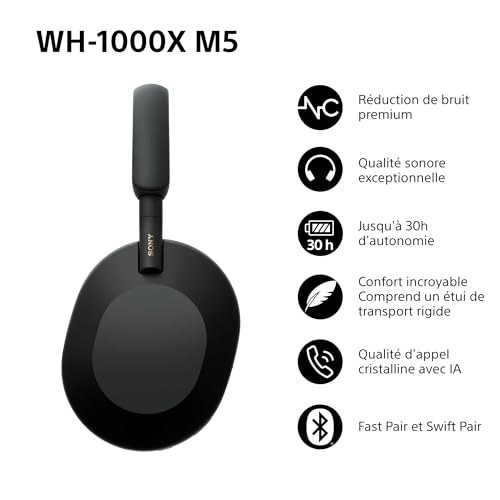 Sony WH-1000XM5 - Casque sans Fil à réduction de Bruit Premium, Étui Rigide Inclus, Bluetooth, qualité d'appel Claire, Audio Hi-Res, autonomie jusqu'à 30 Heures, iOS et Android - Noir