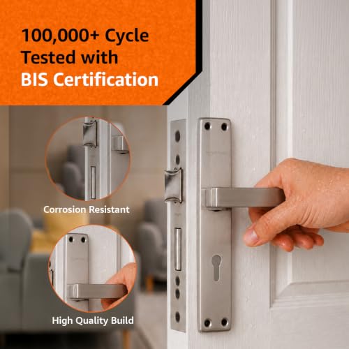 Image of Amazon Basics Mortise Door Lock Handle Set | Brass Mortise Lock Body | 100,000 Cycle Durability Tested | Suitable for Left & Right Handed Doors | Satin Steel Finish | Includes 3 Keys