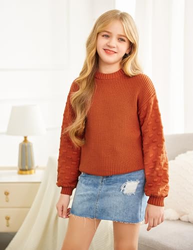 Image of Arshiner Girls Crewneck Sweaters Chunky Lantern Sleeve Knit Jumper Tops Casual Drop Shoulder Pullover Outwear for 5-13 Years