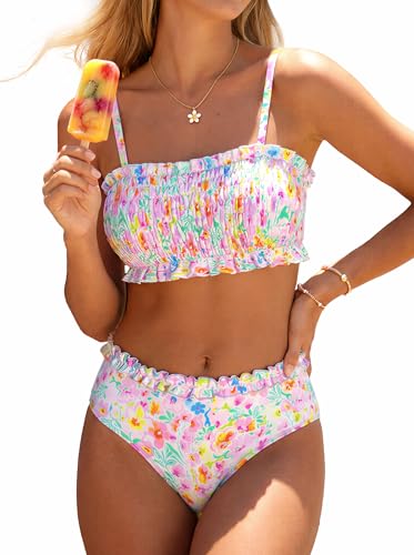 ROSEWE Cute Bikini Sets for Women Frill Design Ditsy Floral Swimsuits Smocked Bandeau Top with Mid Waisted Briefs Light Pink
