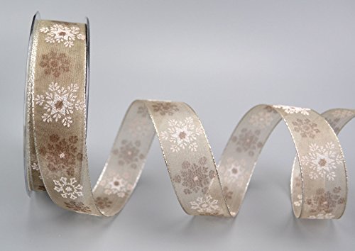 Deko Angels Decorative Ribbon Wonder SnowflakesTaupe/Silver 20 m x 25 mm Gift Ribbon Christmas Transparent Ribbon Fabric Ribbon Snowflakes Stars Shiny Edges with Wire