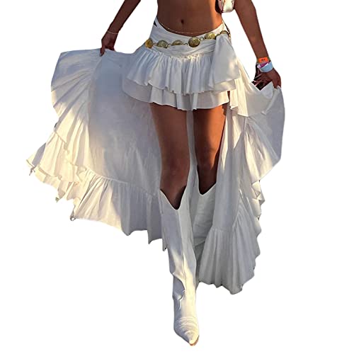 Women's Boho Irregular Skirt Elastic Band Waist Short Front Back Long Flowy MIni Skirt Ruffle Asymmetrical Midi Skirt2