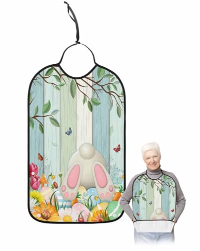 LEOKOTI Spring Easter Adult Bibs for Eating, Waterproof Bibs with Food Catcher & Adjustable Snap Closure, Colorful Eggs Bunny Flowers Teal Wooden Washable Clothing Protectors Adult Bibs for Elderly
