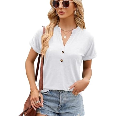 QPQEQTQ Womens T-Shirts V Neck Short Sleeve Buttons Tops Tee Solid Color Blouse Loose Casual Fit Shirts KI7622-White M Cover