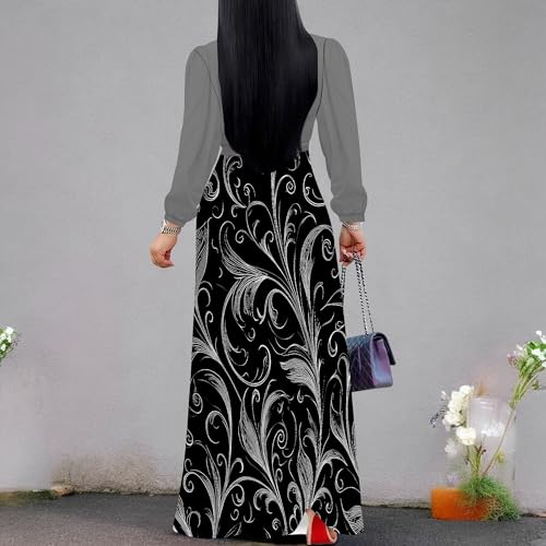 Image of Women's Plus Size Maxi Dresses Long Sleeves V Neck Floral Print Bohemian Swing Long Dress with Belt