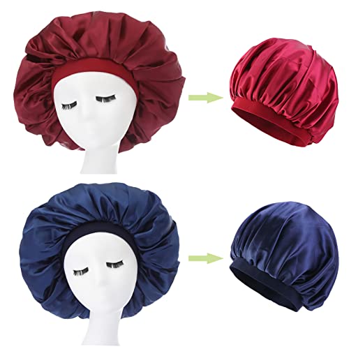 TRYT Bonnet De Nuit, 2 PièCes Nuit En Satin, Satin éLastique à Large Bande RéGlable Pour Femme, Utilisé La Douche, Le Sommeil, Maquillage (Marine + Vin Rouge) Cover